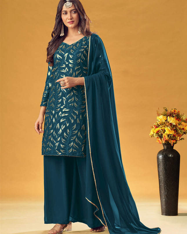 Flawless Peacock Blue Faux Georgette Sequins Palazzo Kameez