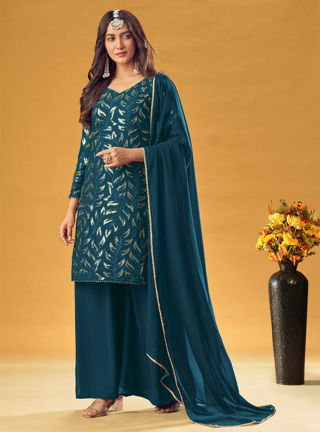 Flawless Peacock Blue Faux Georgette Sequins Palazzo Kameez
