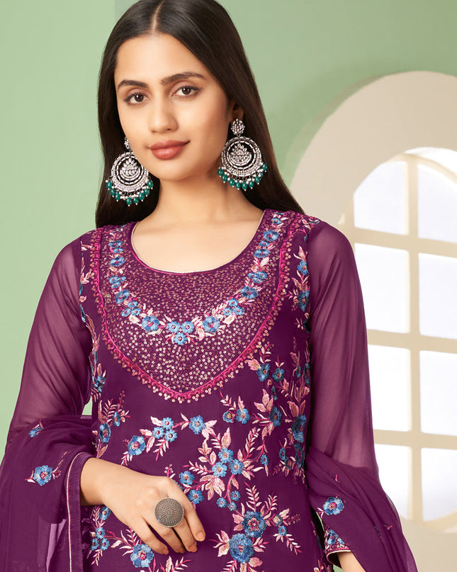 Sleek Wine Georgette Embroidered Sarara Kameez
