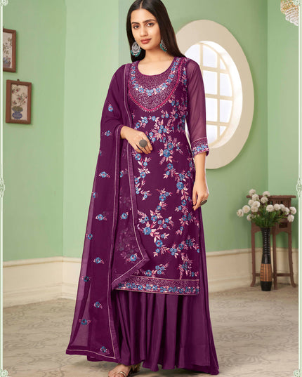 Sleek Wine Georgette Embroidered Sarara Kameez