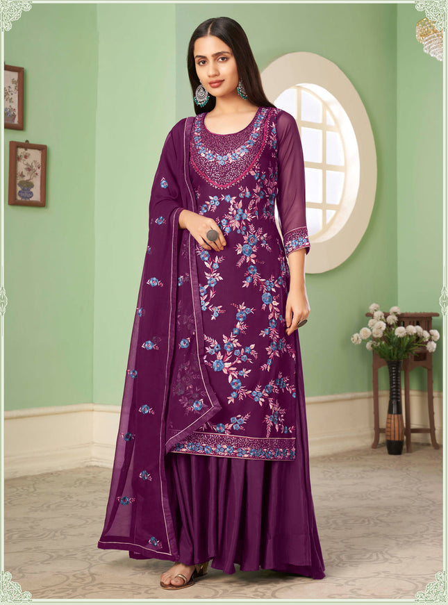 Sleek Wine Georgette Embroidered Sarara Kameez