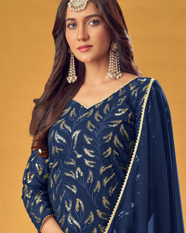Delightful Navy Blue Faux Georgette Sequins Palazzo Kameez