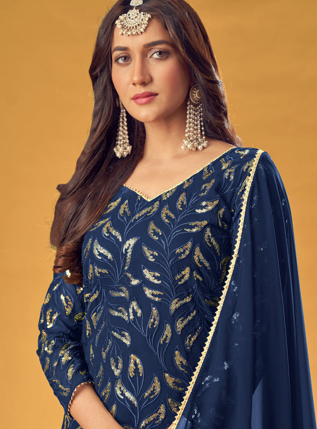 Delightful Navy Blue Faux Georgette Sequins Palazzo Kameez