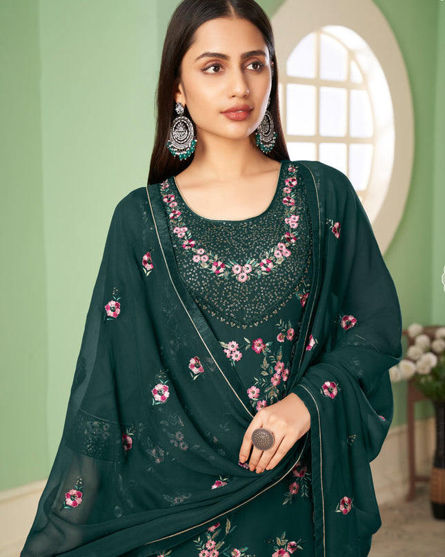 Charismatic Teal Green Georgette Embroidered Sarara Kameez