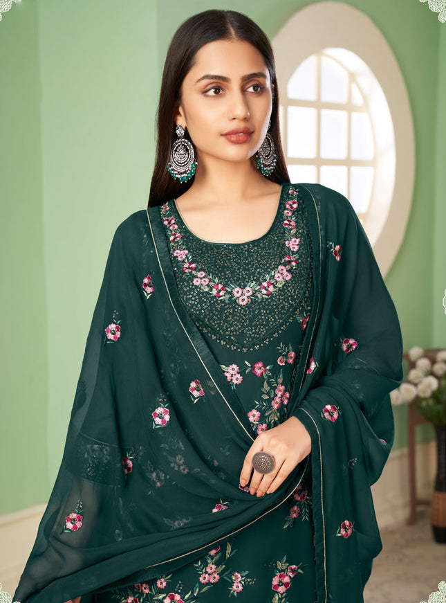 Charismatic Teal Green Georgette Embroidered Sarara Kameez