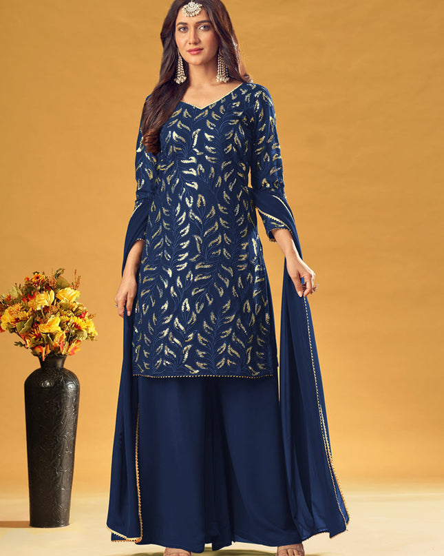 Delightful Navy Blue Faux Georgette Sequins Palazzo Kameez