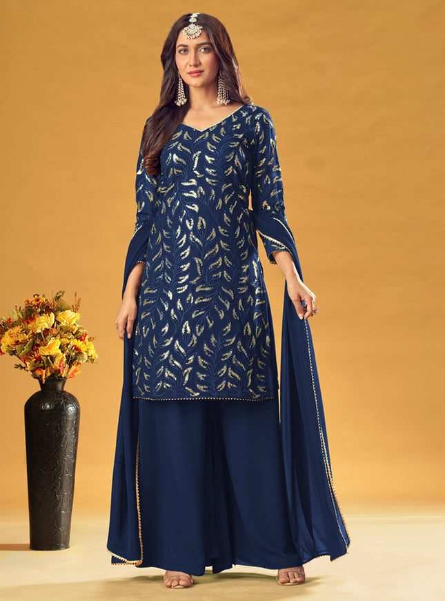 Delightful Navy Blue Faux Georgette Sequins Palazzo Kameez