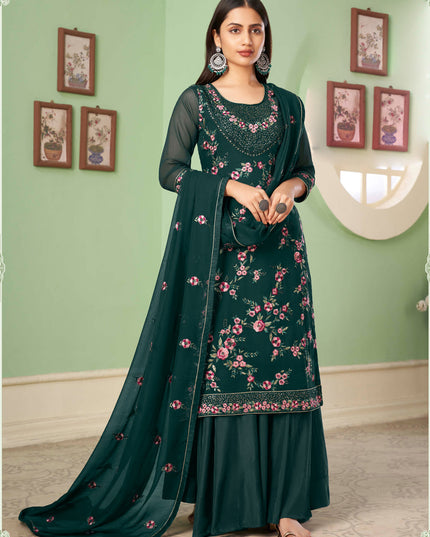 Charismatic Teal Green Georgette Embroidered Sarara Kameez