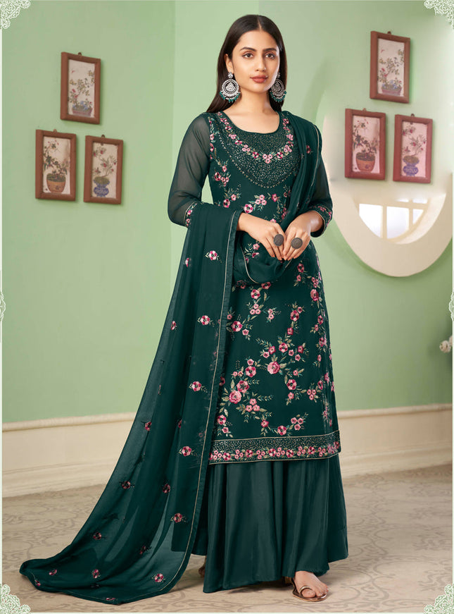 Charismatic Teal Green Georgette Embroidered Sarara Kameez