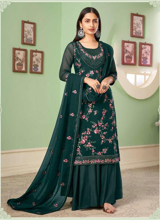 Charismatic Teal Green Georgette Embroidered Sarara Kameez