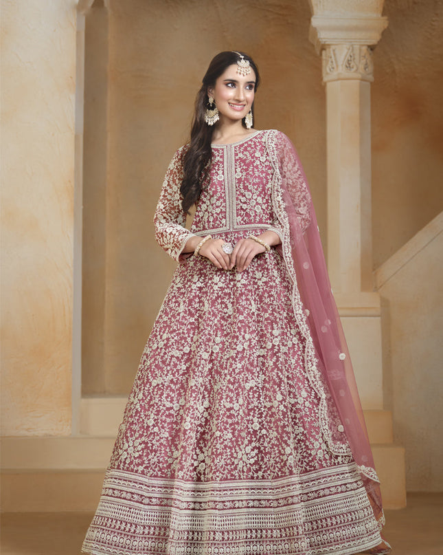 pink net chain style embroidered anarkali suit