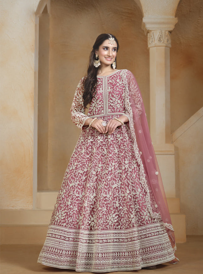 pink net chain style embroidered anarkali suit