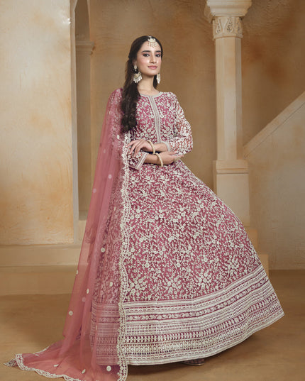 pink net chain style embroidered anarkali suit