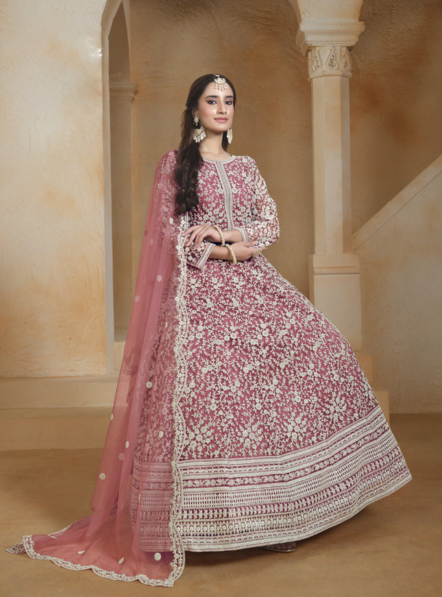 pink net chain style embroidered anarkali suit
