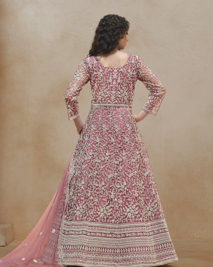 pink net chain style embroidered anarkali suit