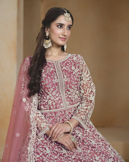 pink net chain style embroidered anarkali suit