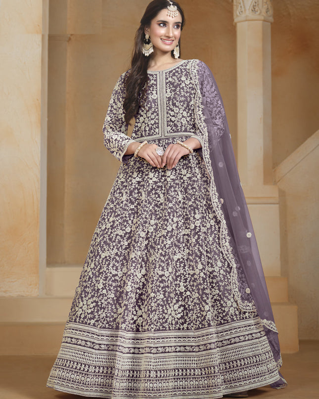 light purple chain style embroidered anarkali suit