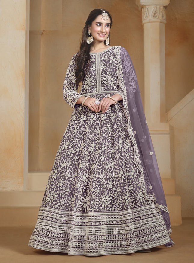 light purple chain style embroidered anarkali suit
