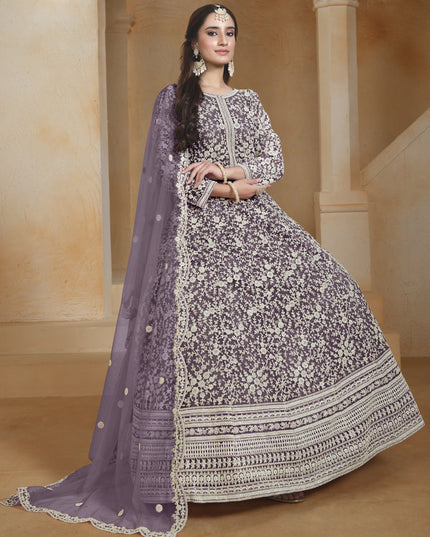 light purple chain style embroidered anarkali suit