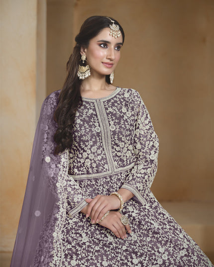 light purple chain style embroidered anarkali suit