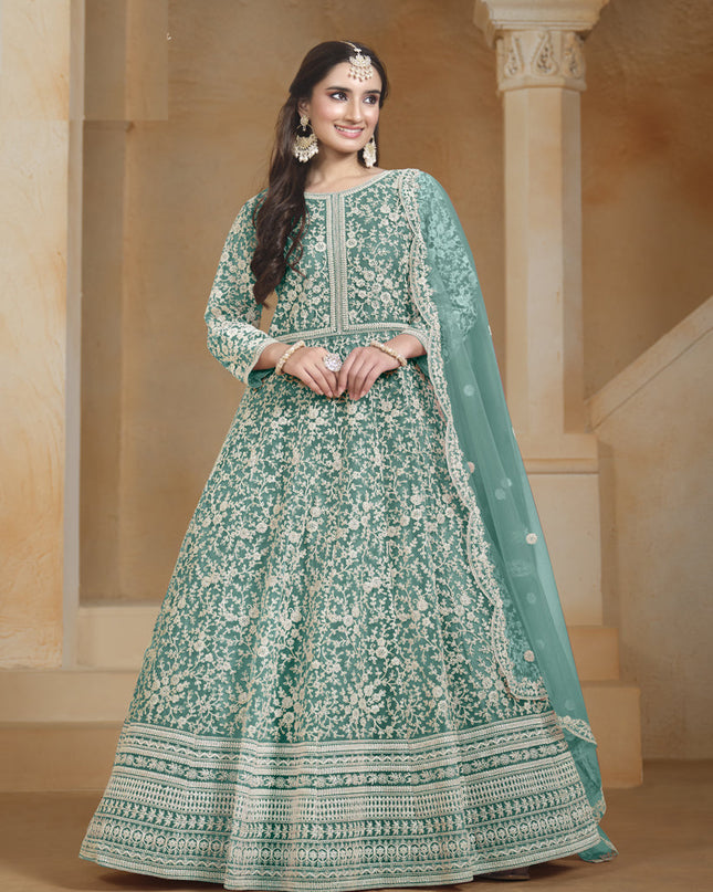 sea green chain style embroidered anarkali suit