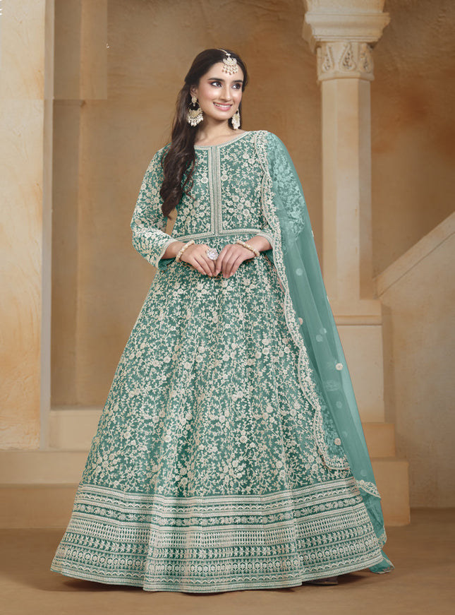 sea green chain style embroidered anarkali suit