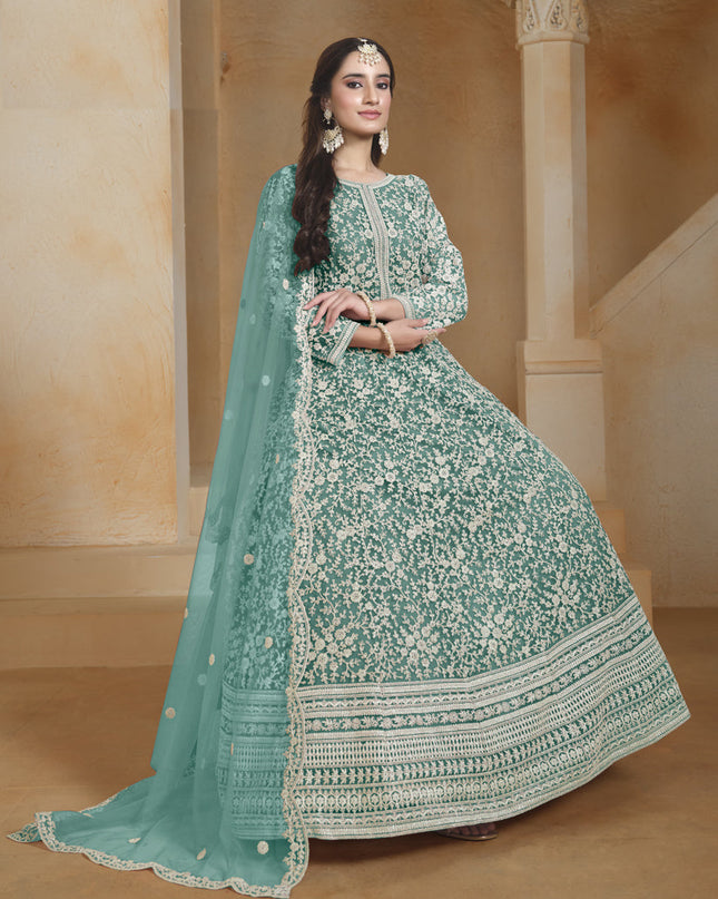 sea green chain style embroidered anarkali suit