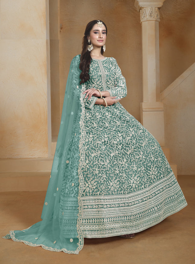 sea green chain style embroidered anarkali suit