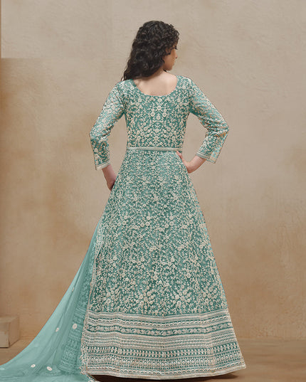 sea green chain style embroidered anarkali suit