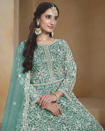 sea green chain style embroidered anarkali suit