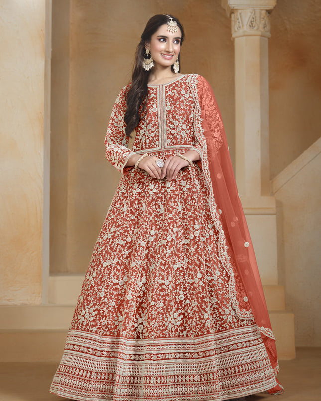 coral orange chain style embroidered anarkali suit