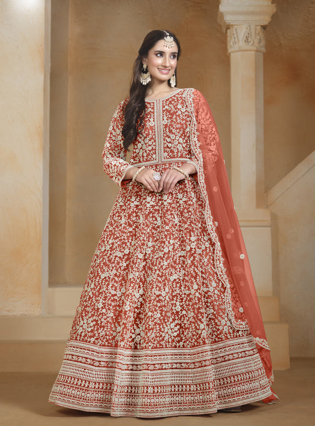 coral orange chain style embroidered anarkali suit