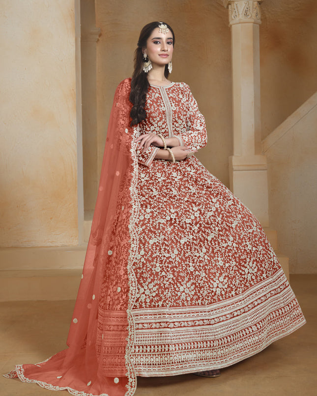 coral orange chain style embroidered anarkali suit