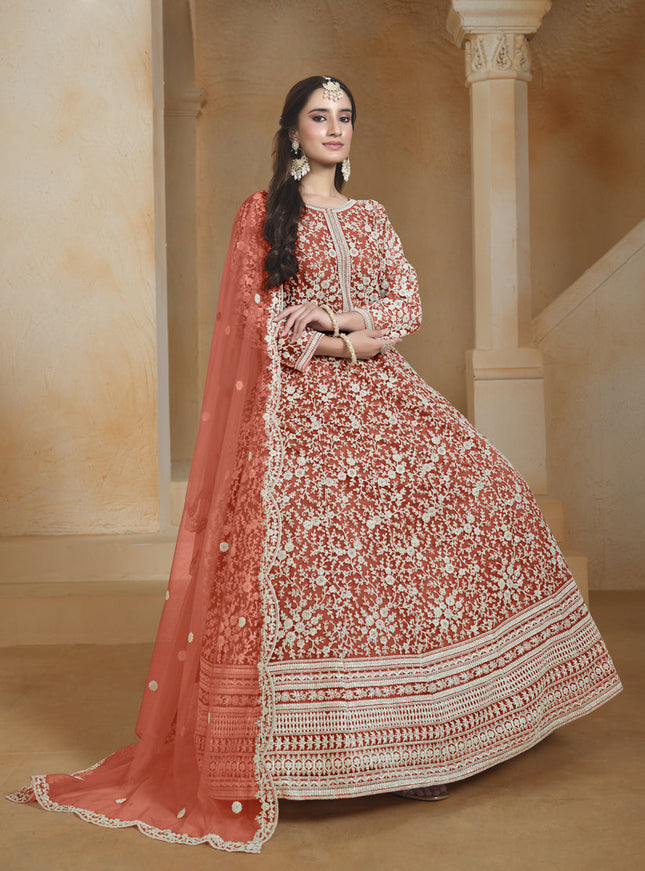 coral orange chain style embroidered anarkali suit