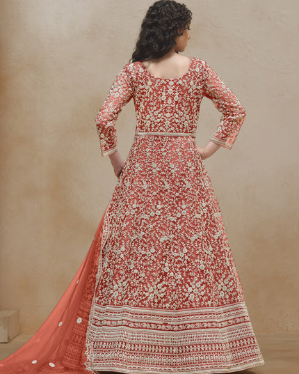 coral orange chain style embroidered anarkali suit