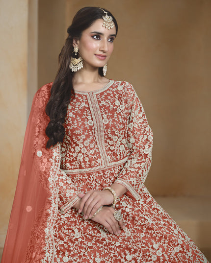 coral orange chain style embroidered anarkali suit