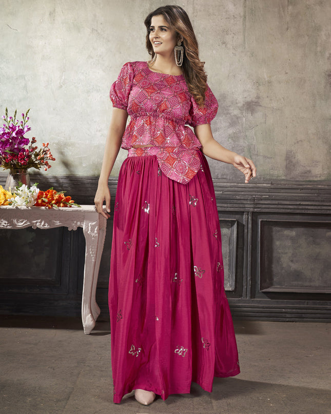 Lovely Rani Pink Art Silk Sequined Skirt with Crop Top