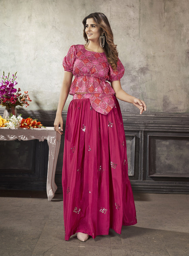 Lovely Rani Pink Art Silk Sequined Skirt with Crop Top