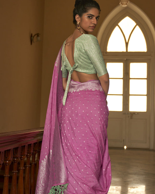 Pink Nylon Crepe Zari Woven Saree For Festival