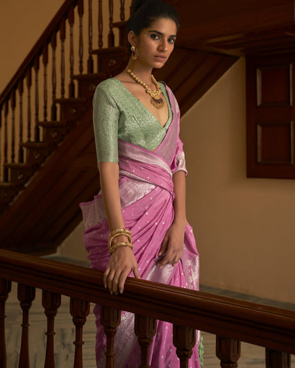 Pink Nylon Crepe Zari Woven Saree For Festival