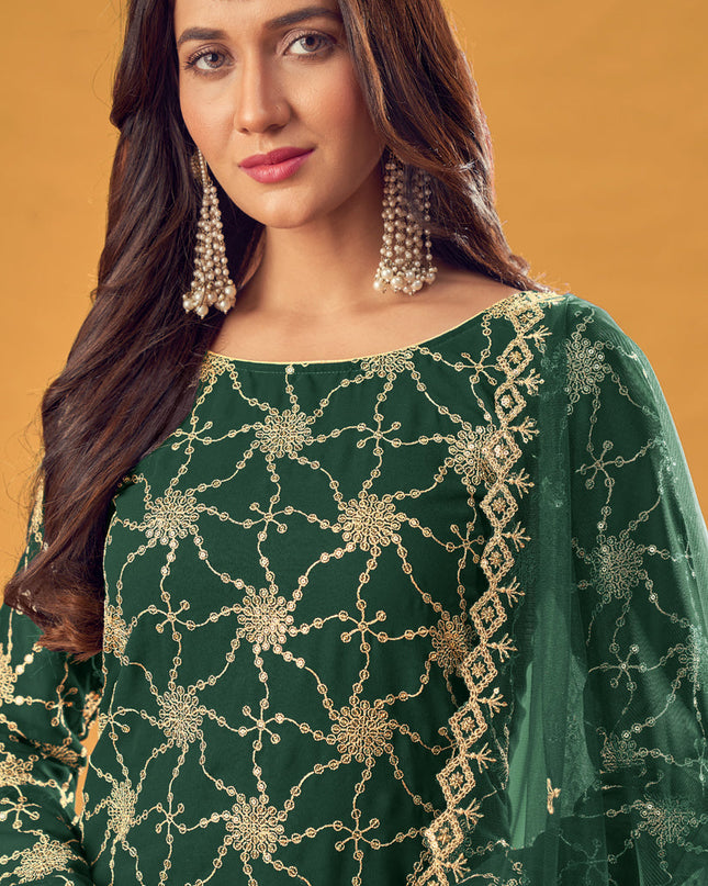 Delightful Bottle Green Faux Georgette Embroidered Palazzo Kameez