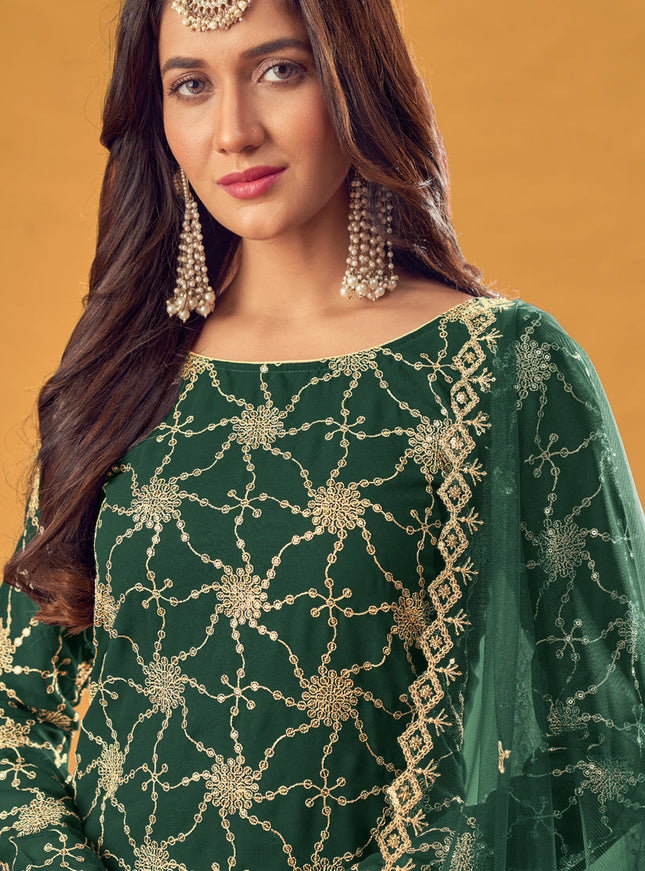 Delightful Bottle Green Faux Georgette Embroidered Palazzo Kameez