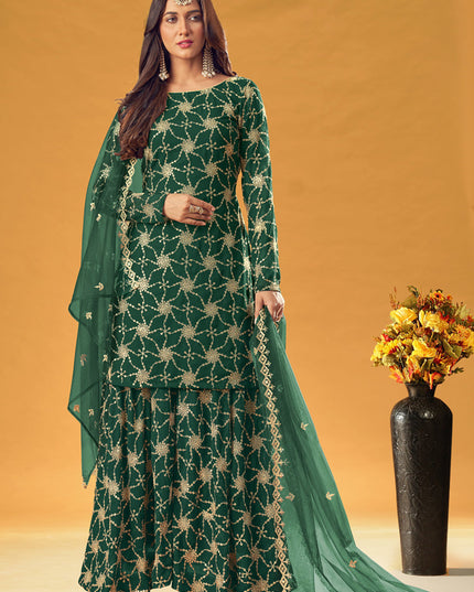 Delightful Bottle Green Faux Georgette Embroidered Palazzo Kameez