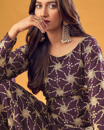 Stunning Burgundy Faux Georgette Embroidered Palazzo Kameez