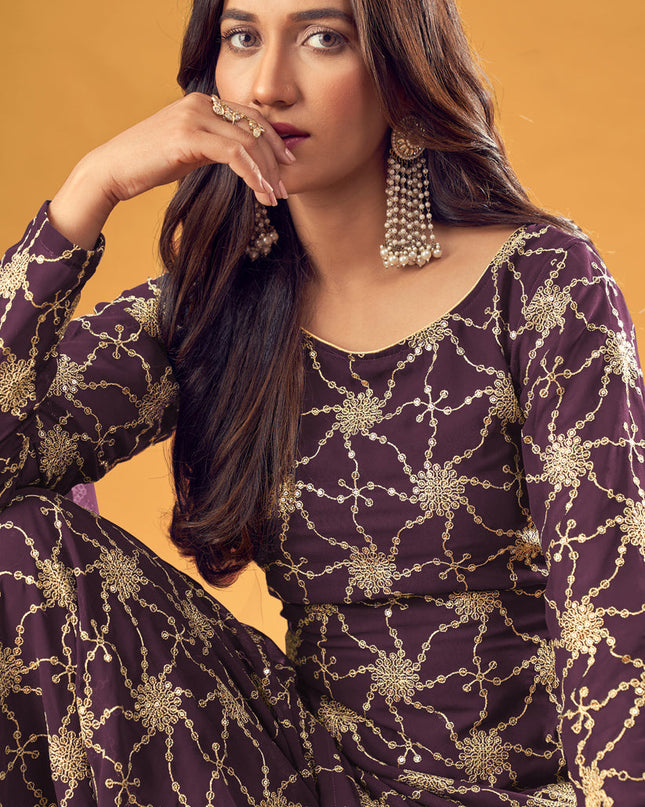 Stunning Burgundy Faux Georgette Embroidered Palazzo Kameez