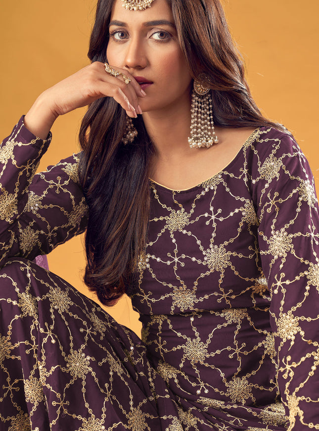 Stunning Burgundy Faux Georgette Embroidered Palazzo Kameez