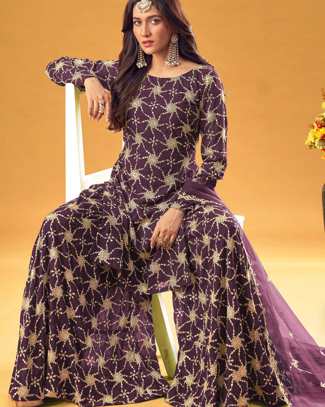Stunning Burgundy Faux Georgette Embroidered Palazzo Kameez