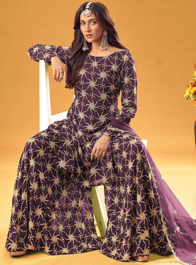 Stunning Burgundy Faux Georgette Embroidered Palazzo Kameez