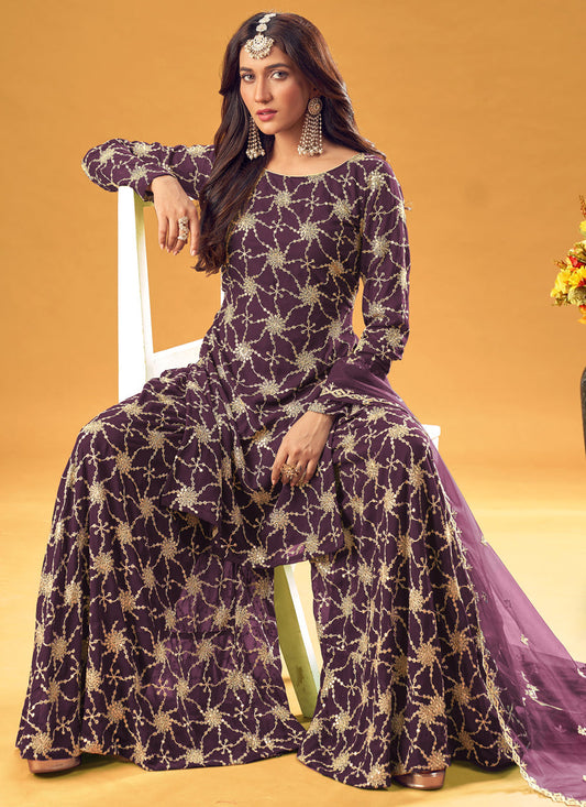 Stunning Burgundy Faux Georgette Embroidered Palazzo Kameez