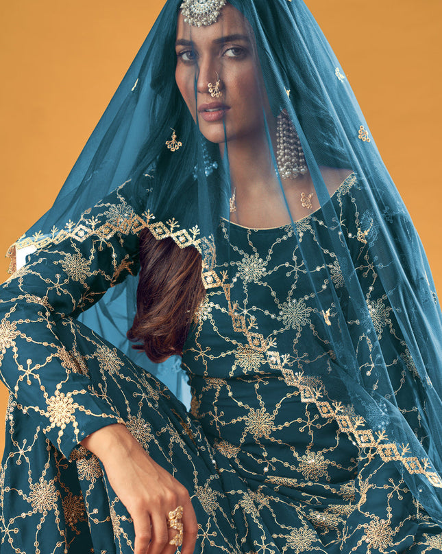 Bewitching Peacock Blue Faux Georgette Embroidered Palazzo Kameez